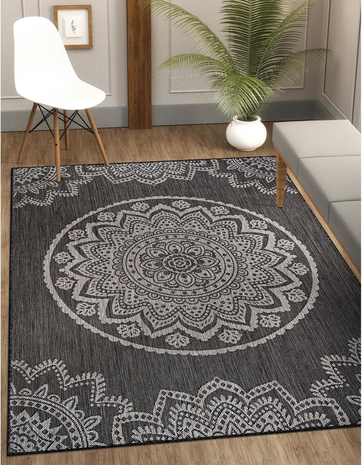 CAMILSON Outdoor Rug 6x9 Modern Area Rugs for Indoor and Outdoor Patios and Porches - Waterproof Washable Non-Shedding Easy-to-Clean Outside Carpet (6 x 9, Medallion - Dark Grey/Light Grey)