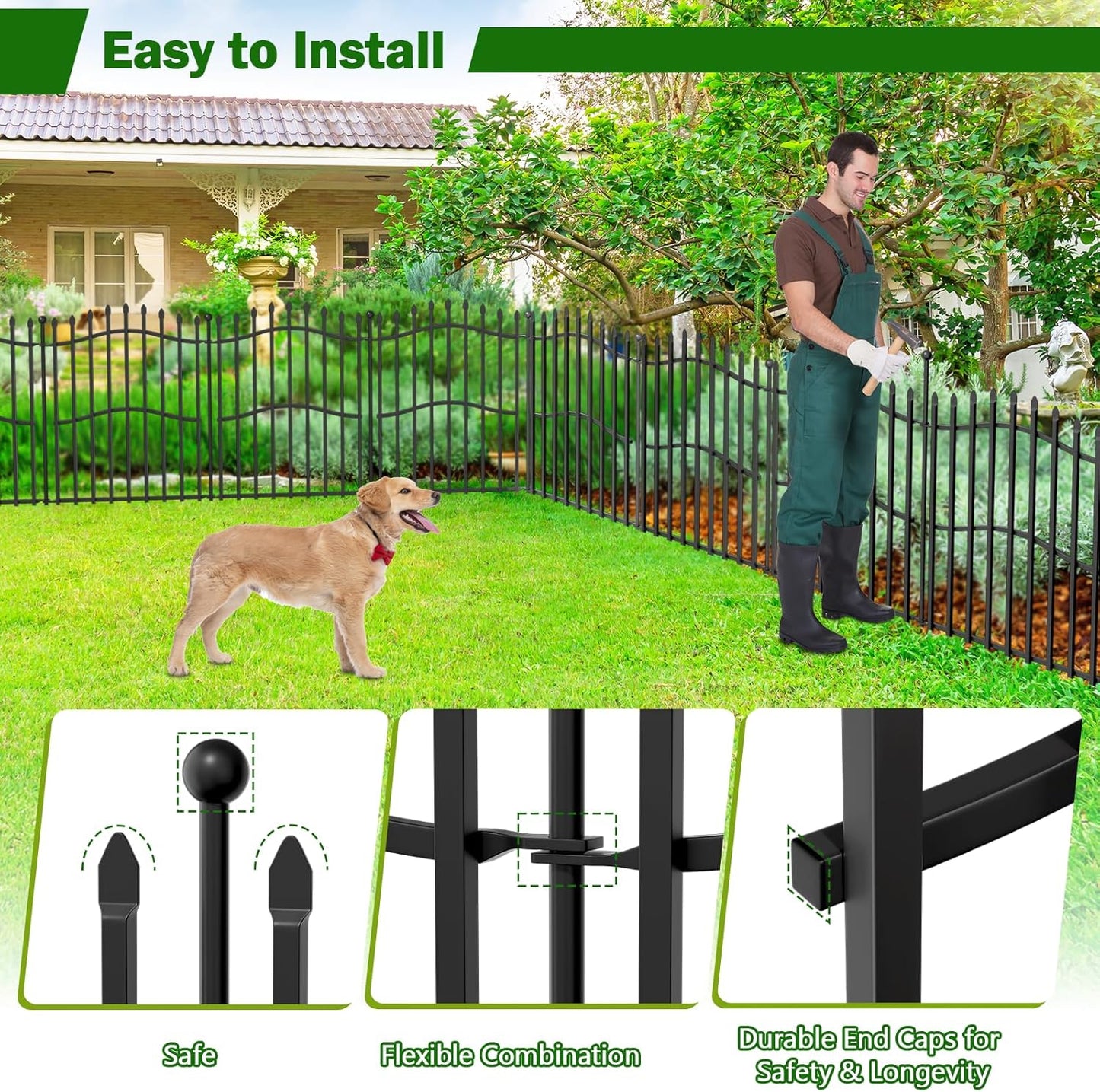 10 Panels No Dig Decorative Garden Fence with Gate - 32in H x 22.5ft L, Reinforced Square Tube Rustproof Tall Animal Barrier for Dogs & Rabbits, Outdoor Yard Border Fencing