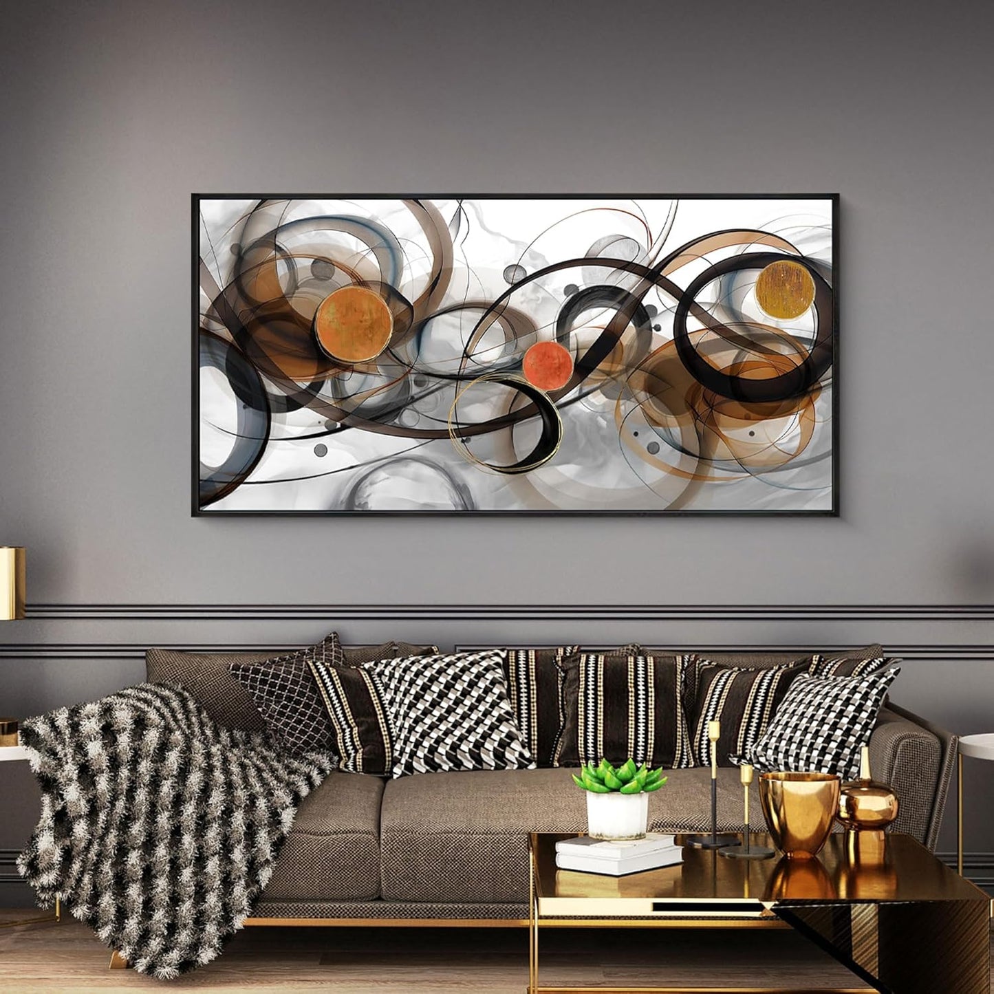 XLSJERST Black and Orange Picture Artwork - Boho Abstract Wall Art for Living Room Office Canvas Pintings Modern Minimalist Frame Wall Art 20x40 Inches