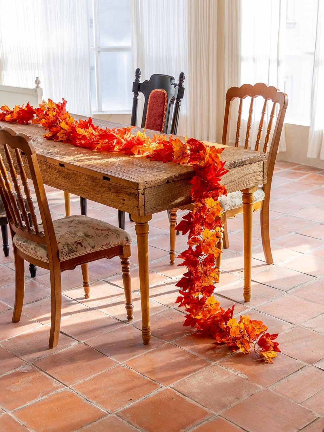6PCS Yellow-Red Fall Maple Leaves Garland, 5.6Ft Artificial Maple Leaf Autumn Garland Hanging Fall Vines Table Decorations Front Door Fall Decor Thanksgiving Decorations Decor Outside Indoor Decor