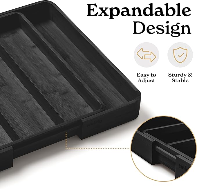 SMIRLY Silverware Drawer Organizer – Bamboo Kitchen Drawer Organizer, Adjustable Utensil Holder and Cutlery Tray, Drawer Dividers for Flatware and Kitchen Utensils