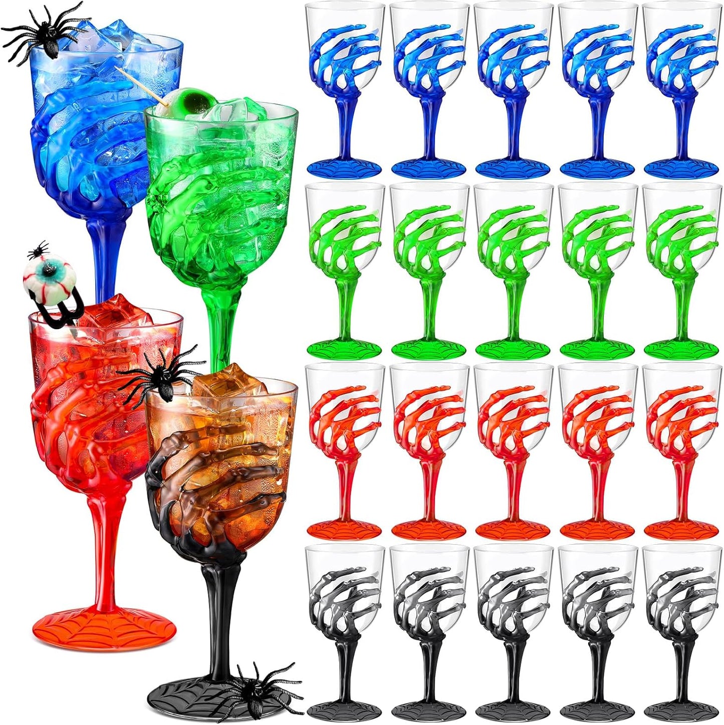 Sliner 24 Pcs Halloween Skeleton Hand Plastic Goblets 12 oz Spooky Skeleton Hand Goblets Halloween Wine Glasses Champagne Glassware Creepy Clear Cups for Party Haunted House, 4 Color