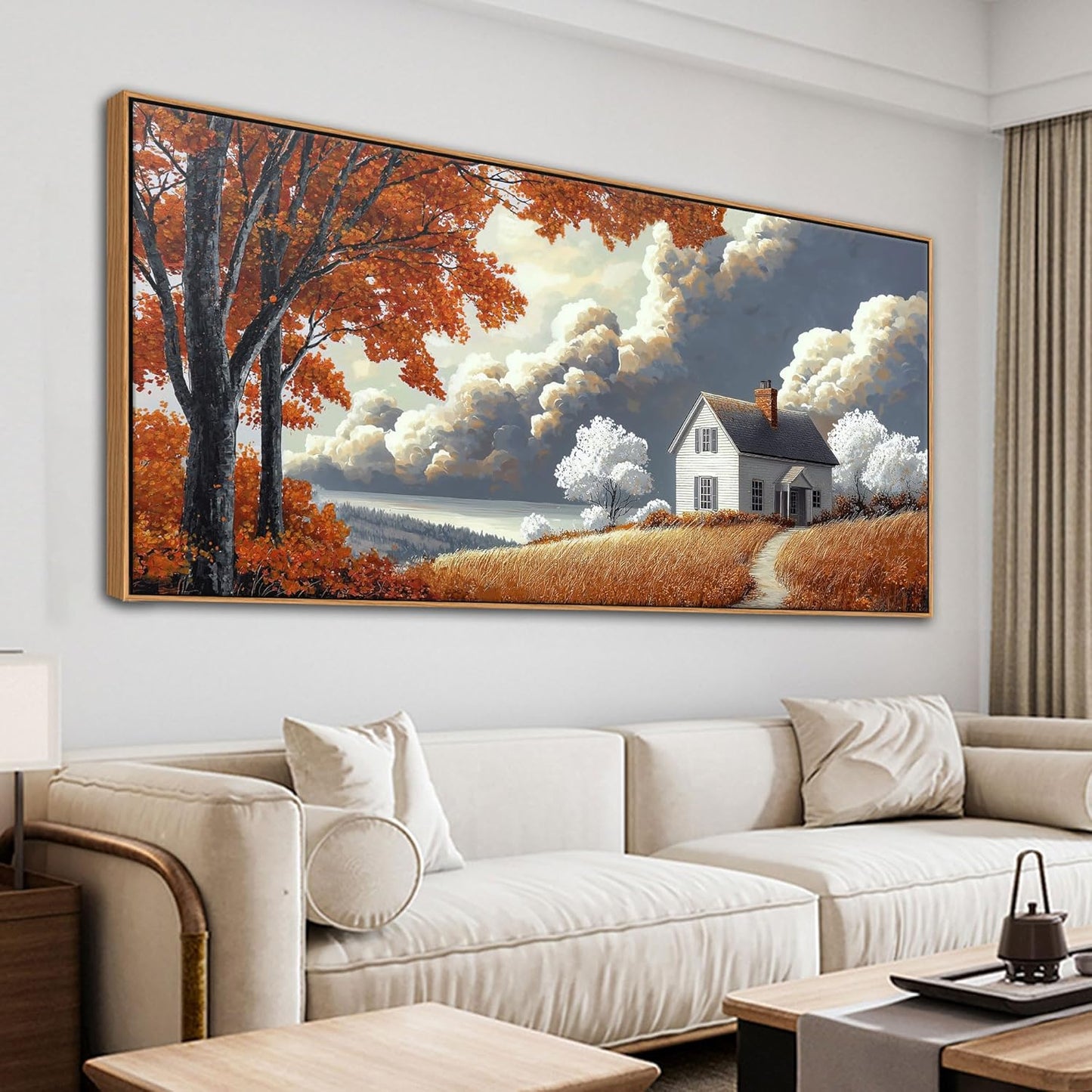 QZQCBLC Large Canvas Wall Art, White Clouds Orange Trees Gallery Pictures Farmhouse Cottage Painting Framed Artwork for Living room Bedroom kitchen Home Office Wall Decor 29x58 IN