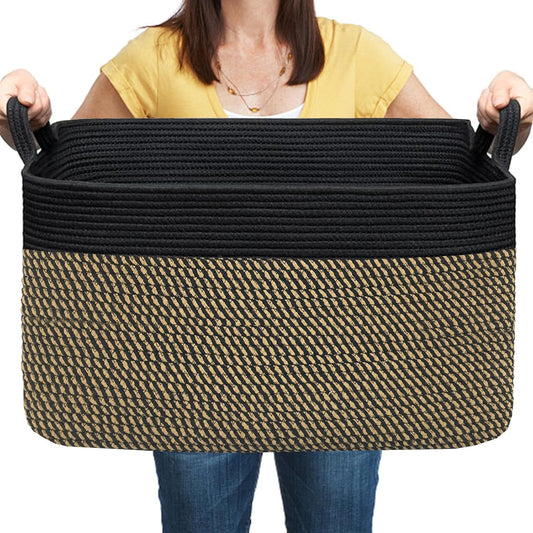 COMFY-HOMI Large Rectangular Blanket, Cotton Rope Woven for Storage, LaundryHamper, Storage,Toy Organizing Bin with Handle, Organizer and Storage-22x15x12-Black/Jute