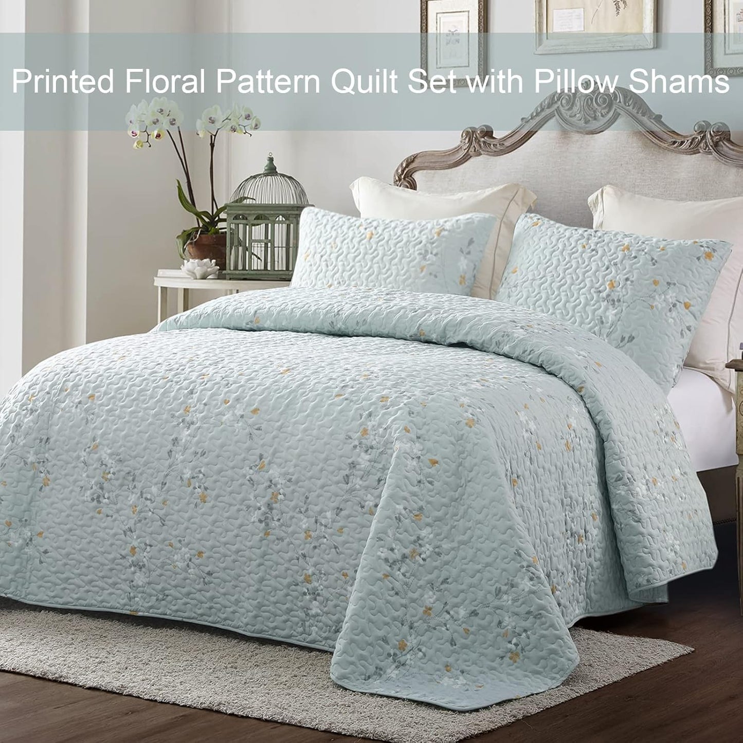 Exclusivo Mezcla Reversible Boho Quilt Set Queen Size, 3 Pieces Flowers Aqua All Season Bedspreads, Ultra Soft Floral Coverlet Bedding Set with Printed Pattern (1 Quilt, 2 Pillow Shams)