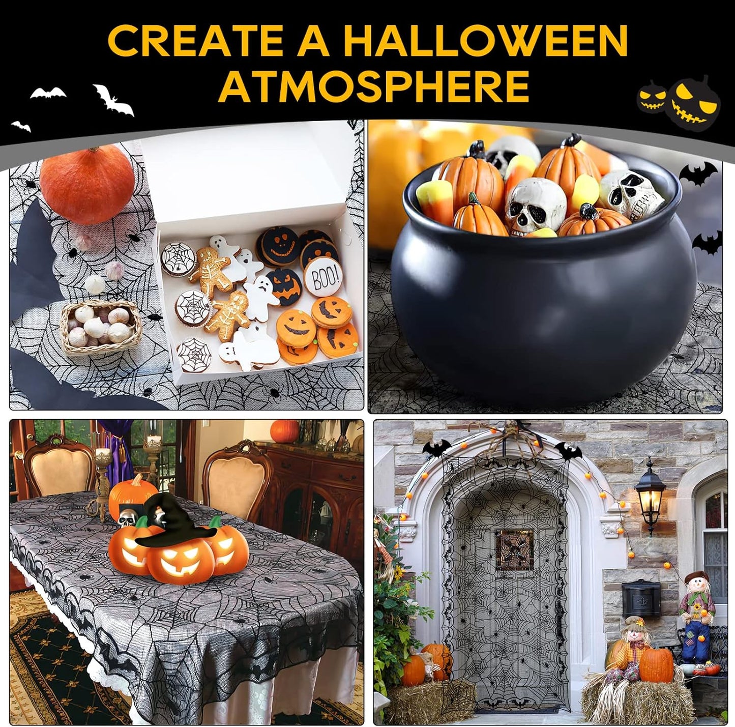 eZAKKA Halloween Table Cloth, Spider Web Table Cloth Black Tablecloth Lace Fabric Table Cloths Halloween Table Cover for Rectangle for Parties Gothic Spooky Home Decorations, 48x96 Inch