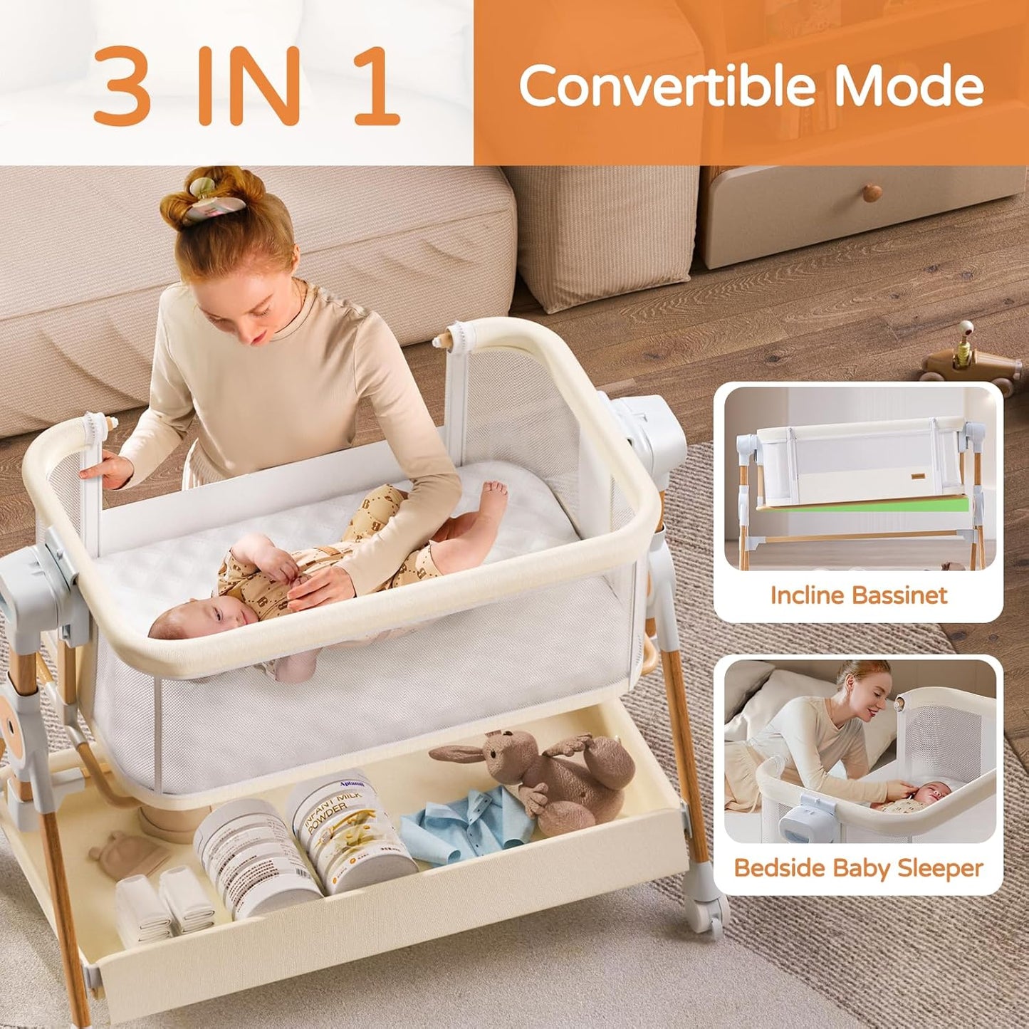 3 in 1 Baby Bassinet,Bedside/Rocking Bassinet for Baby,Bedside Crib with Lockable Wheels,Waterproof Mattress,Adjustable 6 Heights,Portable Bassinets Bedside Sleeper for Newborn Infant-Beige