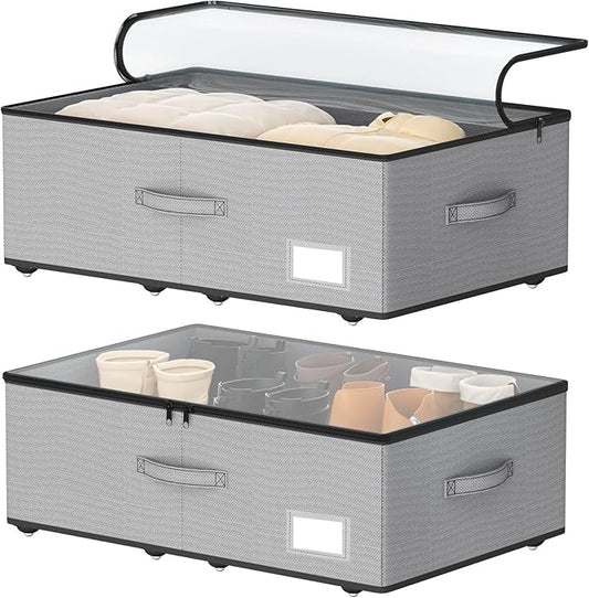 Under Bed Storage with Wheels, No Assemble Required 10 inches height Under Bed Storage bins,Large capacity Rolling Under bed Shoe Storage containers，dorm under bed storage drawers