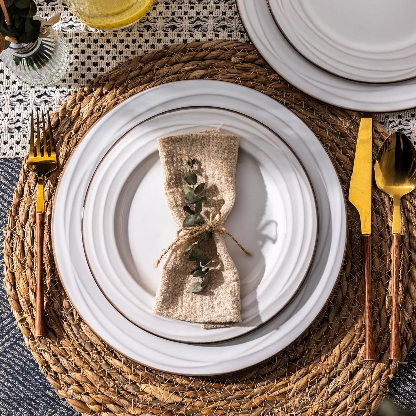 GBHOME Ceramic Dinnerware Sets,18 pcs Embossed Elegant Stoneware Plates and Bowls Sets, Housewarming Wedding Gift | Dishwasher & Microwave Safe | Dishes Set Service for 6