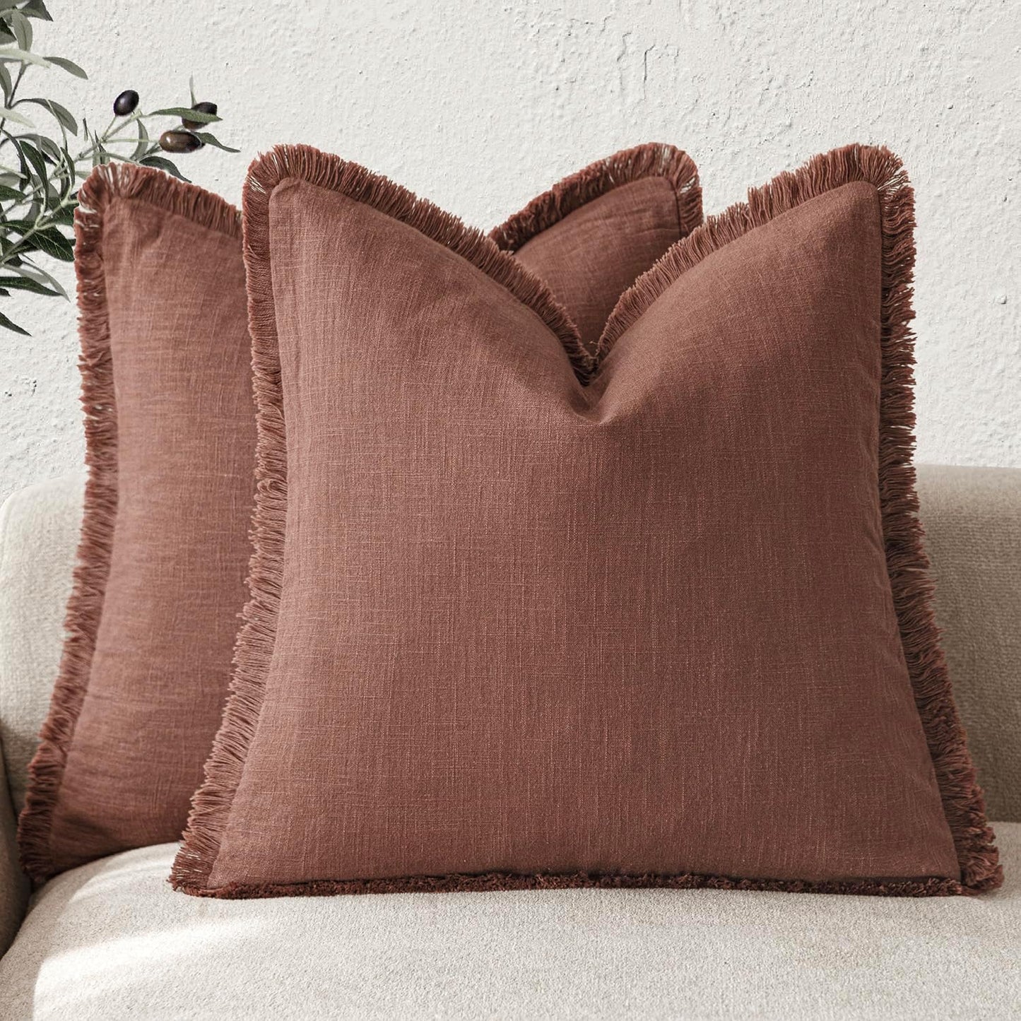 Foindtower Set of 2 Decorative Linen Fringe Throw Pillow Covers Boho Farmhouse Cushion Cover with Tassels Soft Accent Pillowcase for Couch Chair Sofa Bed Living Room Home Decor,24×24 Inch,Rust Red