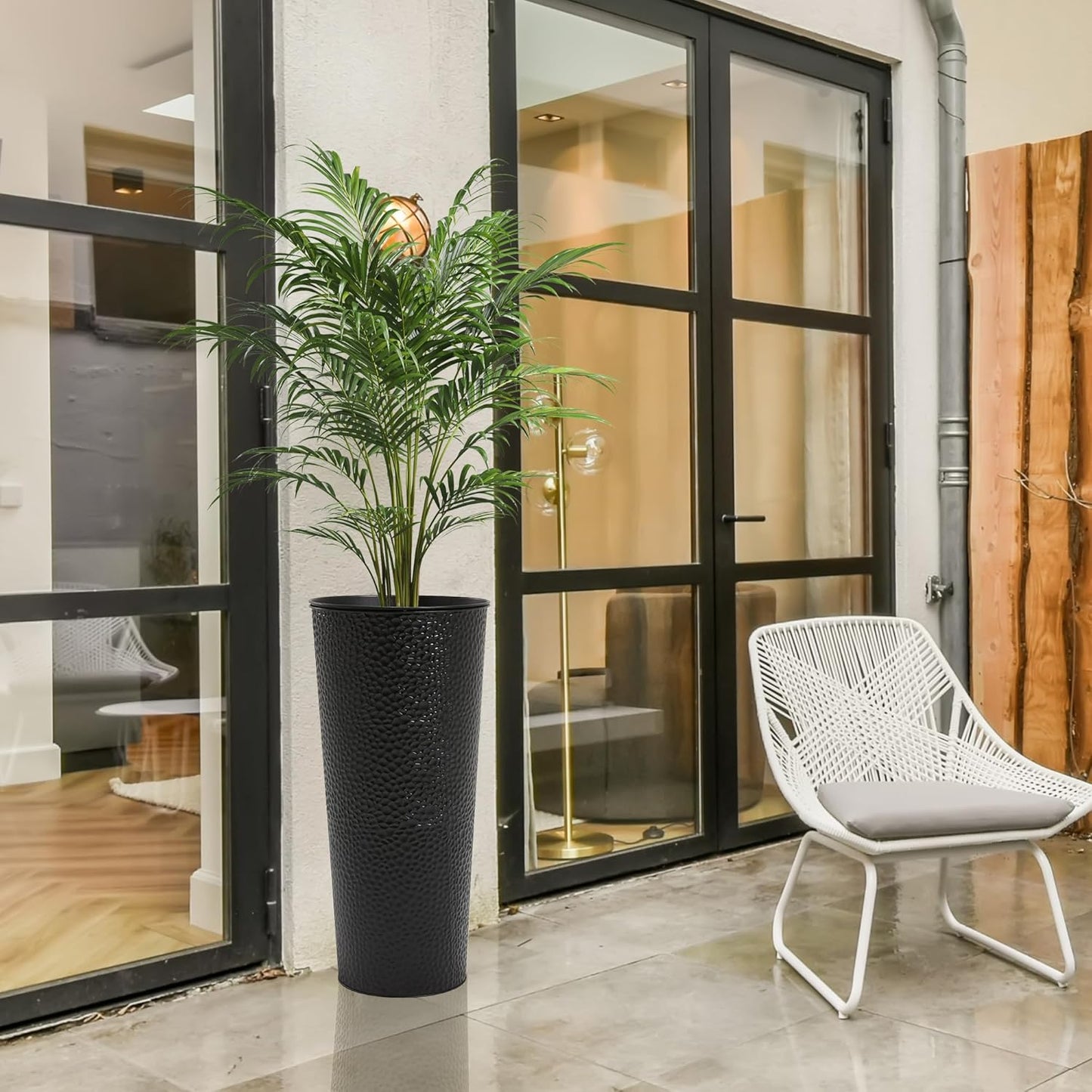 Worth Garden 2-Pack 28" H. Metal Planter with 2X Inside Pots - Hand-Hammered Texture Tall Narrow Tapered Plant Pots - Large Handcrafted Flower Pot for Indoor Outdoor, Deck, Patio, Front Porch (Black)