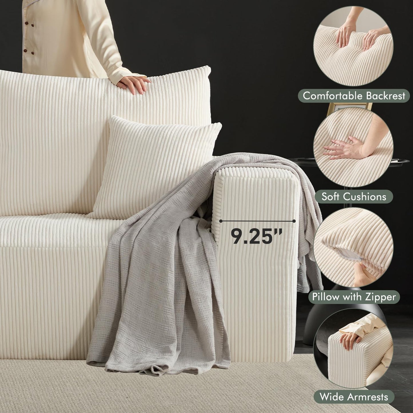 Boneless Sectional Cloud Couch Sofa Bed for Living Room, 112" Modular Modern Lounge 3 Seater Sleeper Beige Couches with Chaise, No Assemble, Cordury Compression Upholstered Sofas