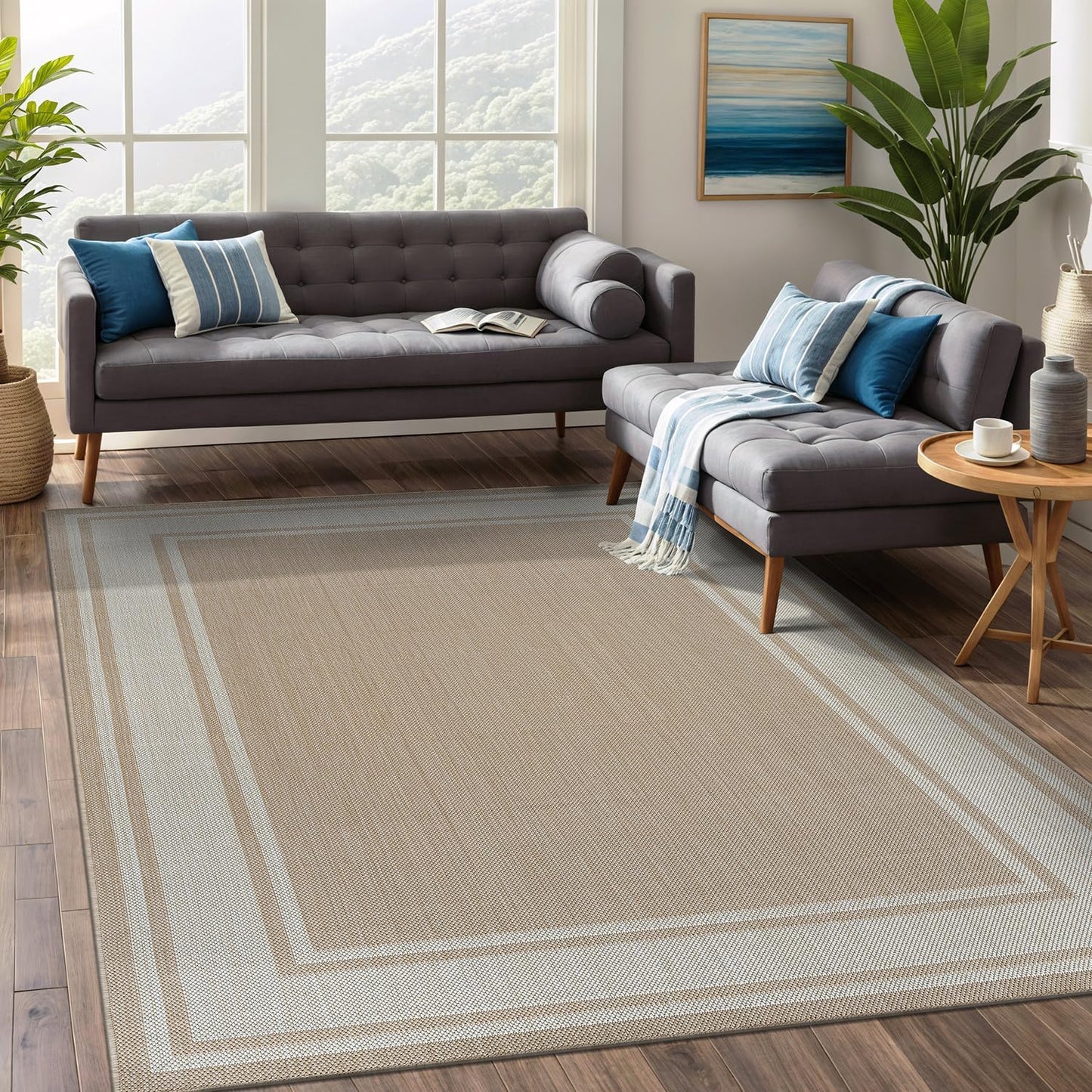 Beverly Rug Large Outdoor Rug 10x14 Modern Bordered Area Rugs for Indoor and Outdoor Patio Deck Porch Garden Waterproof Weather Sun Resistant Washable Outside Carpet (10 x 14 Beige)