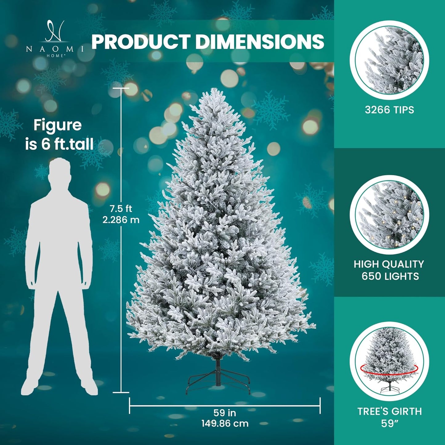Naomi Home Ginebra 7.5ft Snow Flocked Christmas Tree Prelit with 3266 Branch Tips, 650 Warm Lights and Metal Stand, 59" Wide Realistic Snowy Frosted Christmas Tree with Lights