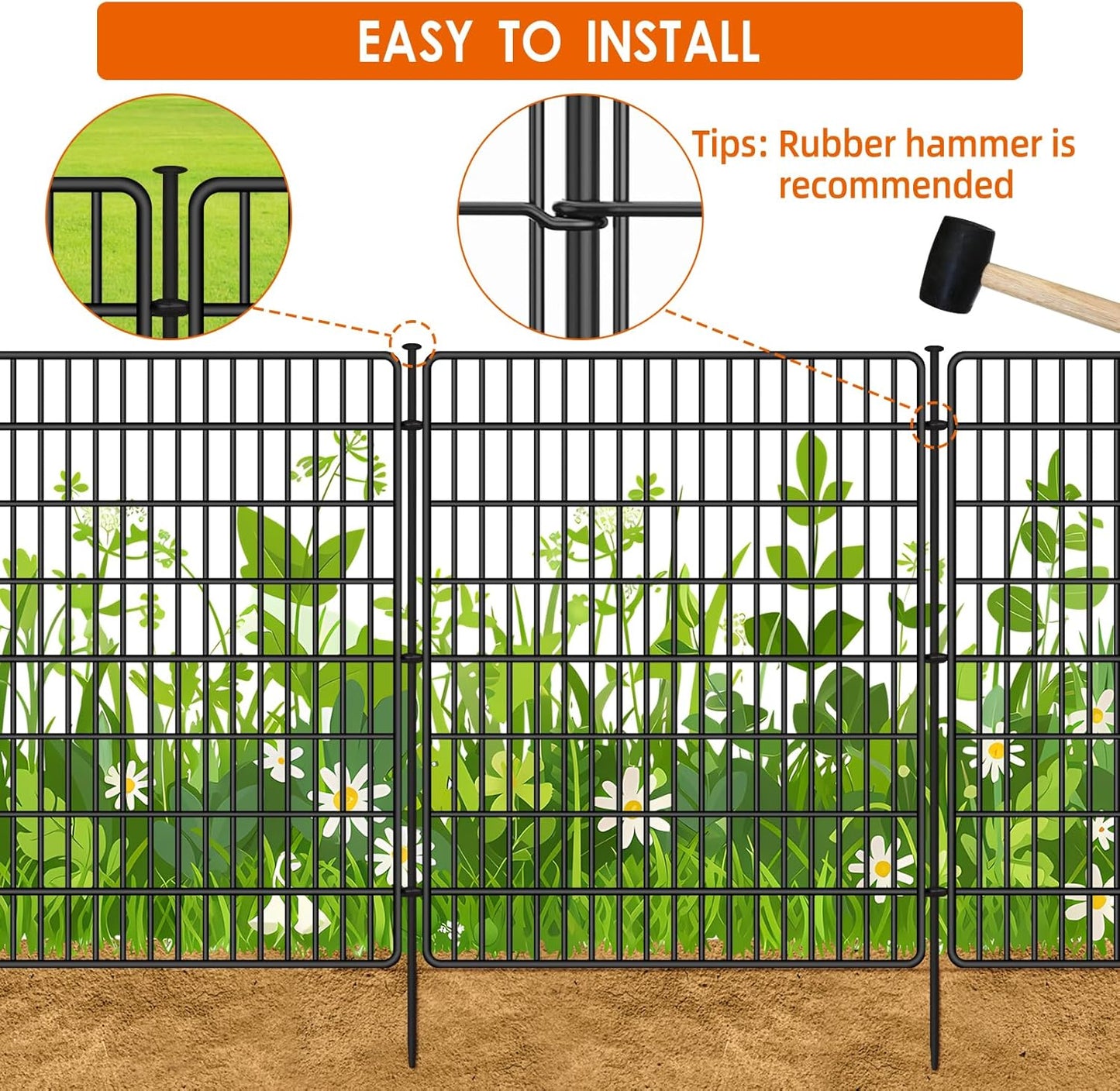 10 Panels No Dig Fence with Gate, 40 in(H) X 24 ft(L) Garden Decorative Fence Animal Barrier for Dogs, Rustproof Metal Garden Edging Border for Outdoor, Yard, Patio, Black