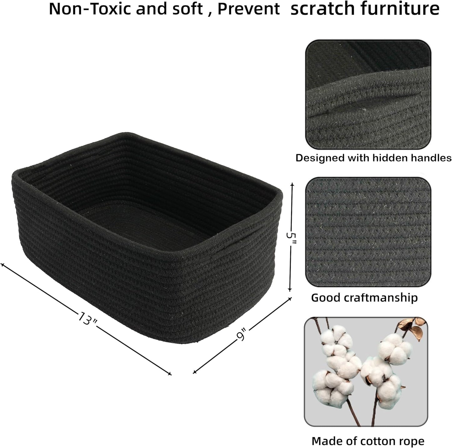 Small Woven Storage Baskets 13“X9”X5“ Decorative Rope Bins for Organizing Shelves, Closets, and Toys, Empty Gift Baskets, Cute Organizer Basket for Home and Office (black, Large)