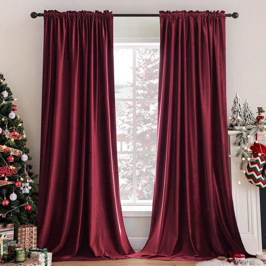 MIULEE Burgundy Velvet Curtains Thermal Insulated Blackout Curtain Christmas Drapes for Bedroom Living Room Darkening 63 Inches Long Curtains Panels Rod Pocket Set of 2