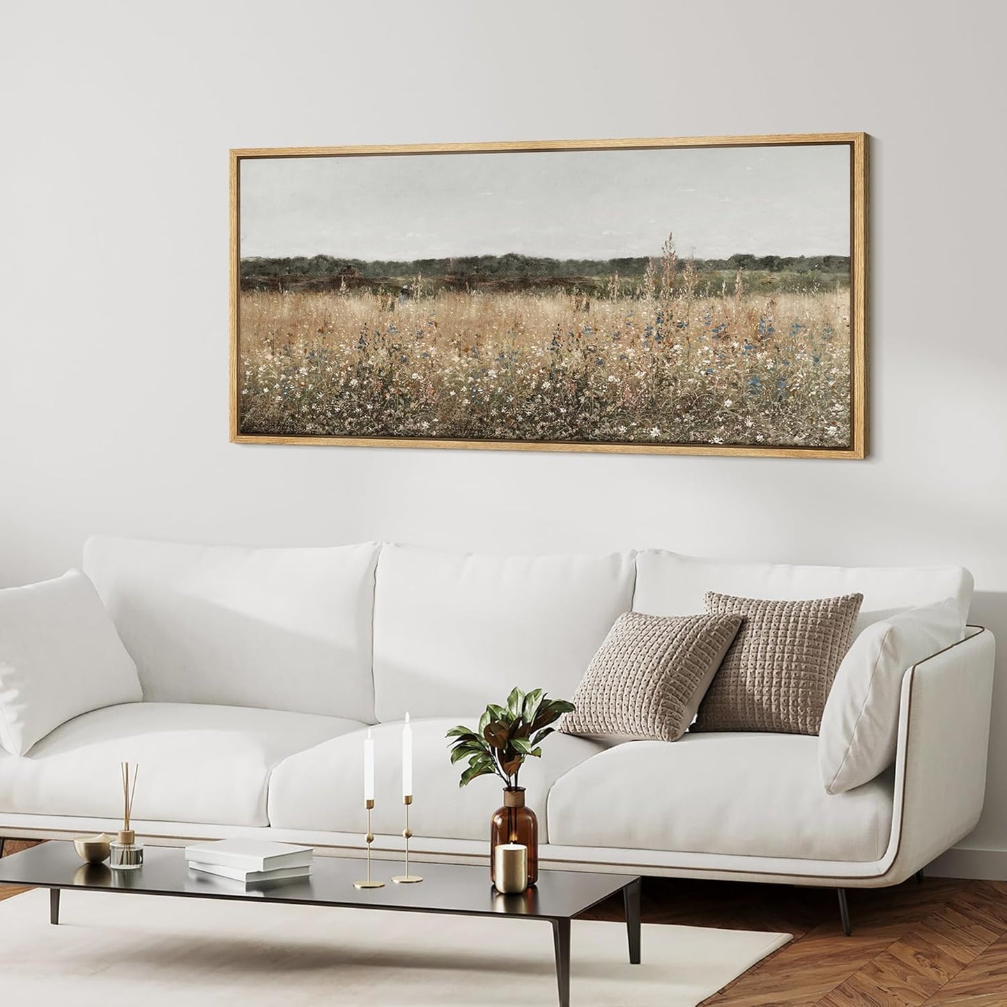 MUDECOR Extra Large Framed Canvas Print Wall Art Misty Morning Meadow with Wildflowers Antique Retro Fine Art Illustrations Decorative Colorful for Bedroom - 60"x30"