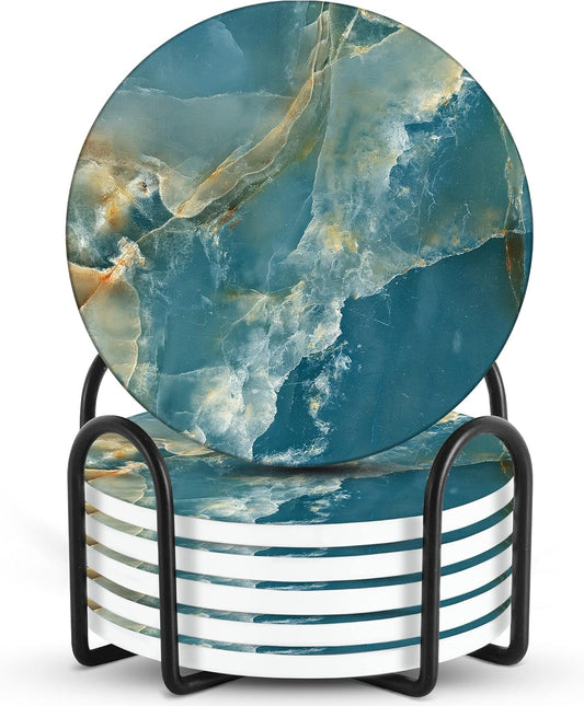 Emerson Coasters for Drinks Absorbent – Natural Stone Drink Coasters Set with Holder, Coasters for Coffee Table, Wooden Tabletop Protection Marble Style – 100% Heavy Duty Set of 6 (Seaside)