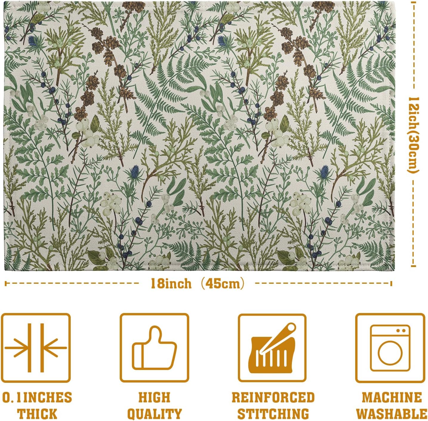 Sage Green Botanical Floral Placemats Set of 4 Vintage Tropical Herbs Fern Leaves Place Mats 12x18 Inch Seasonal Plant Spring Summer Linen Fabric Table Mats for Party Kitchen Dining Decor