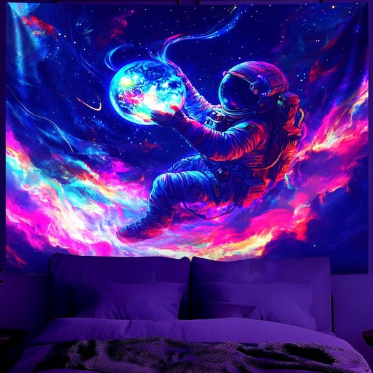 BVBOX Astronaut Space Blacklight Tapestry 79"x59", UV Reactive Floating Astronaut Iridescent Cloud Universe Galaxy Planet Glow in Dark Tapestries, Black Light Neon Upright Poster Wall Hanging Backdrop Decor for Bedroom Living Room