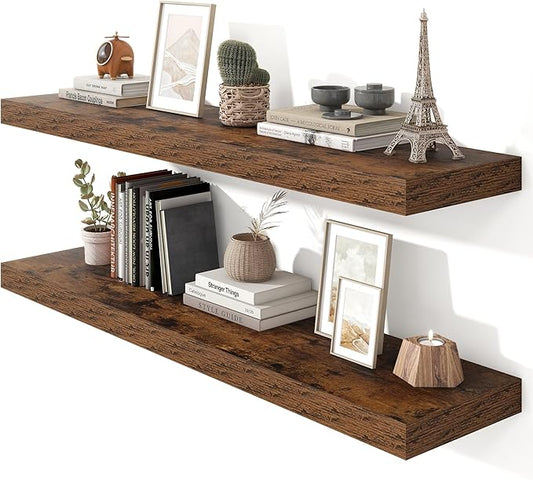 Heimlove 48" Floating Shelves for Wall,10 Deep Rustic Brown Wood Display & Storage Wall Shelves with Heavy Duty Brackets for Bathroom,Bedroom,Kitchen,Living Room,Office,Set of 2