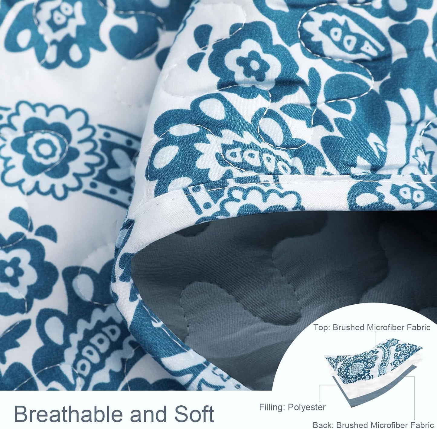 Exclusivo Mezcla Reversible Boho Quilt Set Queen Size, 3 Pieces Damask Blue All Season Bedspreads, Ultra Soft Floral Coverlet Bedding Set with Printed Pattern (1 Quilt, 2 Pillow Shams)