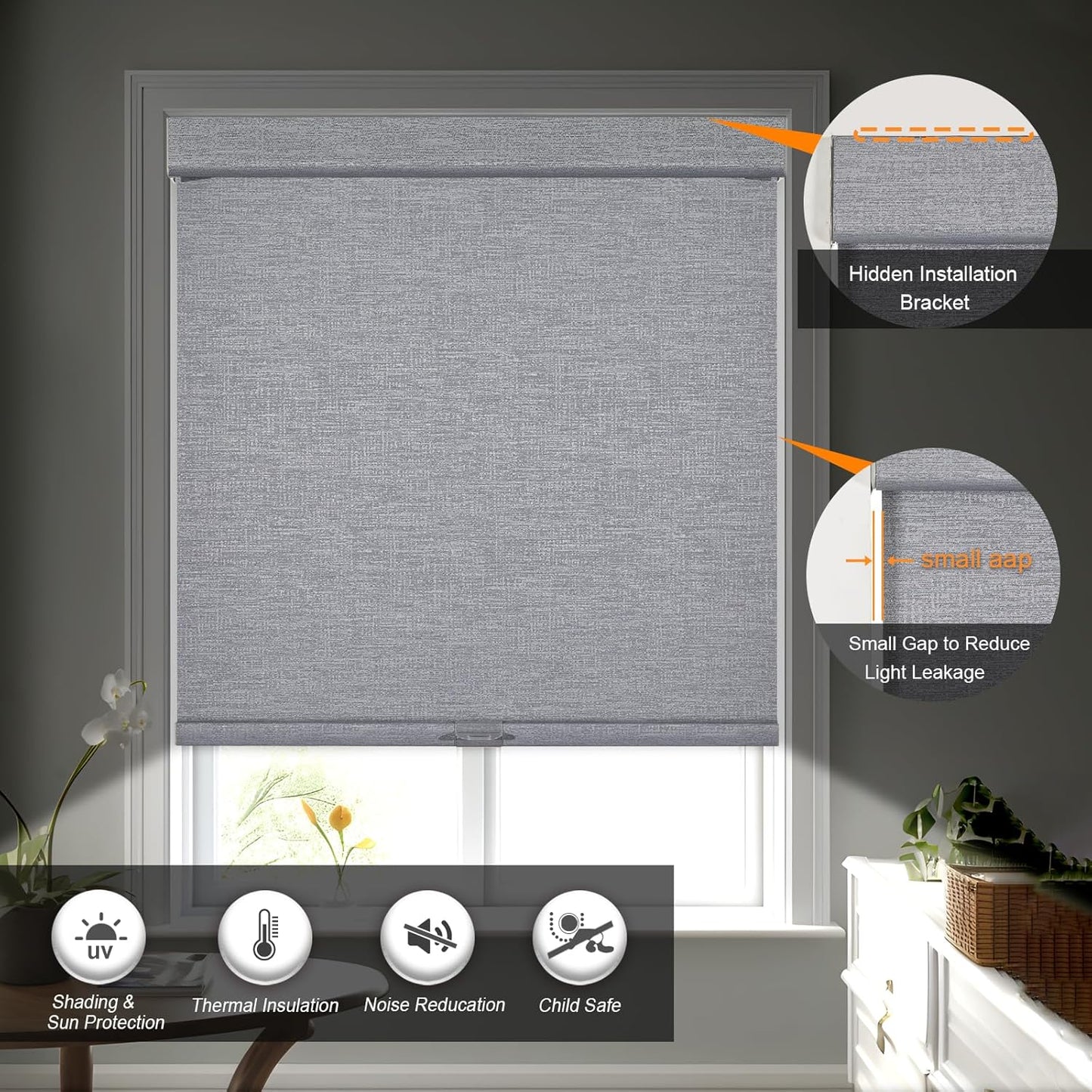 Persilux Blackout Roller Shades for Indoor Windows with Upgraded Cassette, Cordless Shades Window Blinds Pull Down for Doors, Easy to Install for Office/Living Room/Bedroom, Grey(51" W x 48" H)