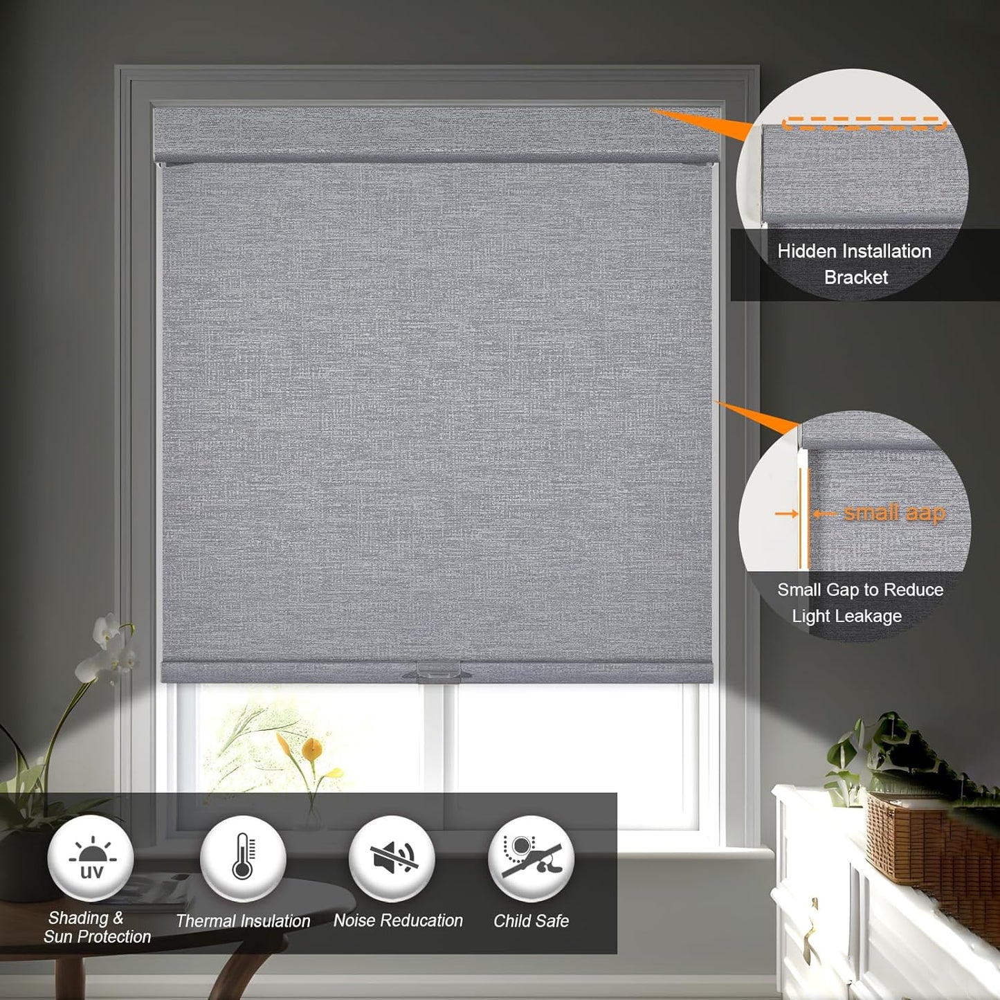 Persilux Blackout Roller Shades for Indoor Windows with Upgraded Cassette, Cordless Shades Window Blinds Pull Down for Doors, Easy to Install for Office/Living Room/Bedroom, Grey(18" W x 56" H)