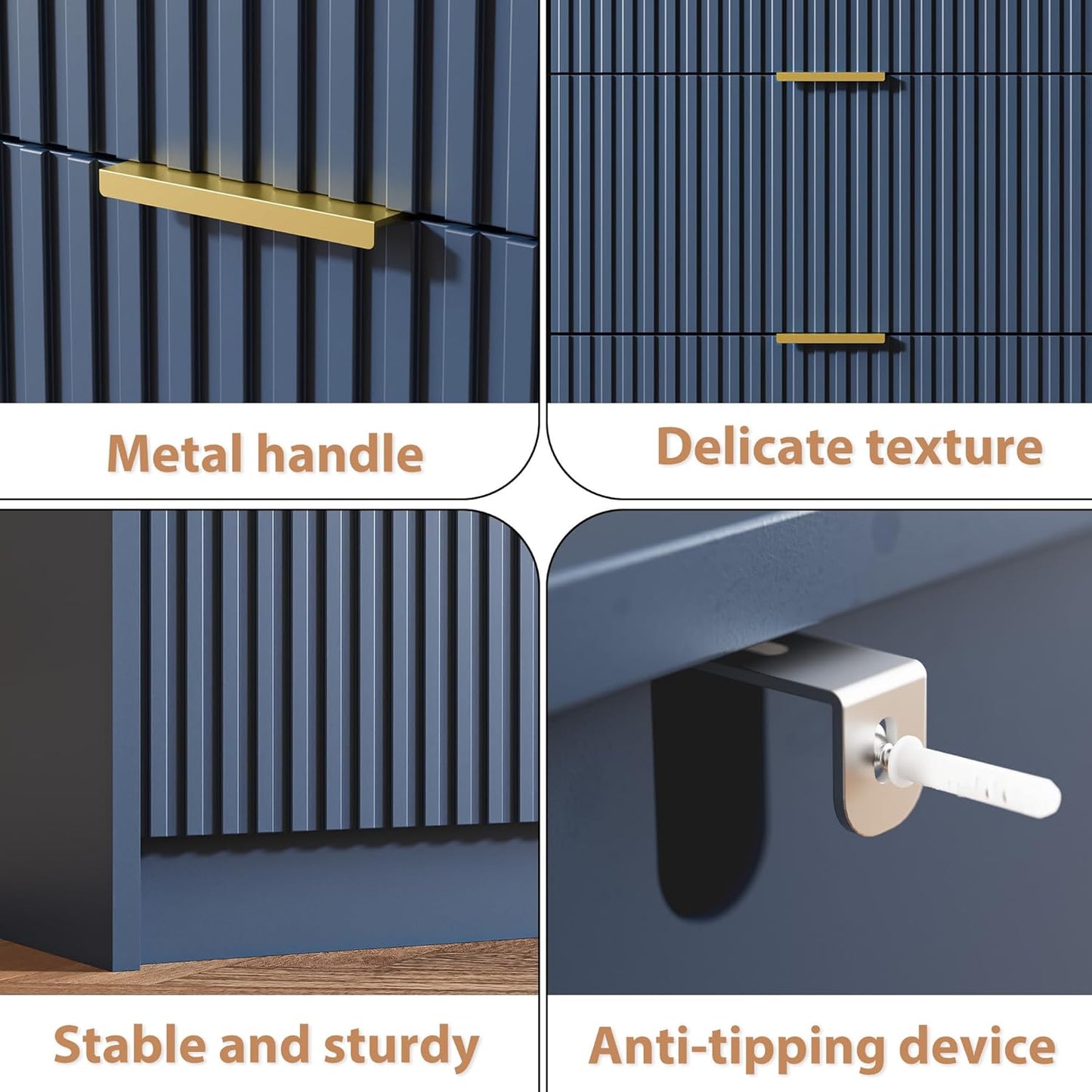 Fluted Dresser for Bedroom, 32 Inch Wide Nightstand with Large Drawer, 3 Drawer End Table for Bedroom, Living Rooms, Offices, and Entryways, Navy Blue