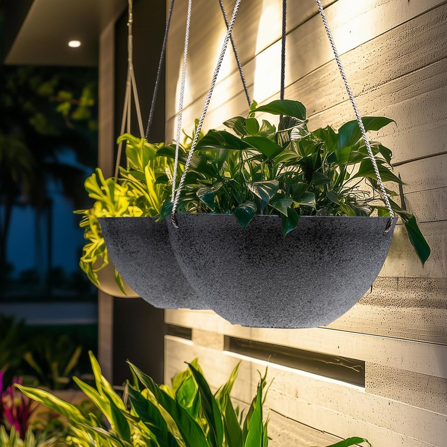 LA JOLIE MUSE Large Hanging Planters for Outdoor Plants - 13 Inch Hanging Flower Pots with Drainage Holes, Set of 2, Rock Grey