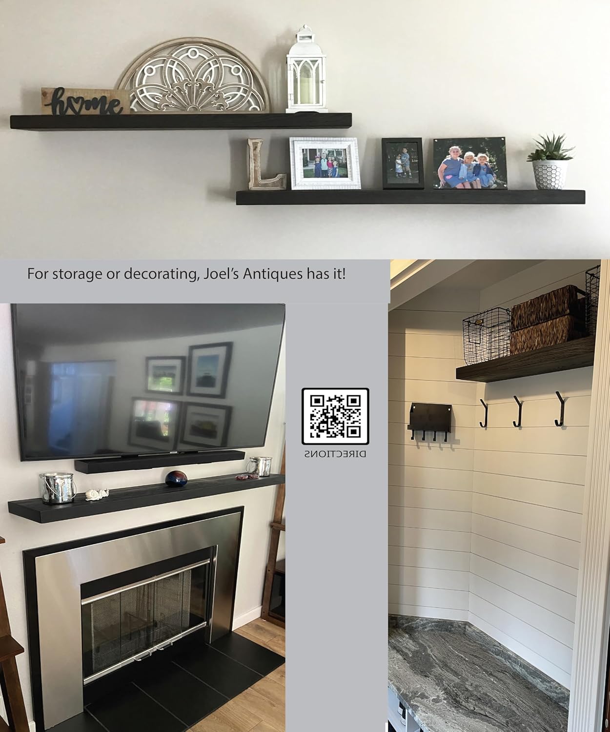 joelsantiques - 54 Inch Wooden Floating Shelves for Wall - 54x6x2 in - Made of Natural Wood - Long Heavy Duty Rustic Wall Shelves for Bedroom - Perfect for Living Room, Kitchen - Black