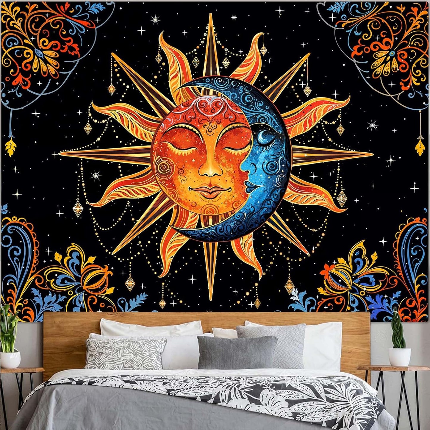 Lunerfex Sun and Moon Tapestry Mandala Wall Tapestry, Cute Tapestries for Bedroom Ceiling Tapestries Wall Hanging for Bedroom Living Room Decor Sun-1 44"x60"