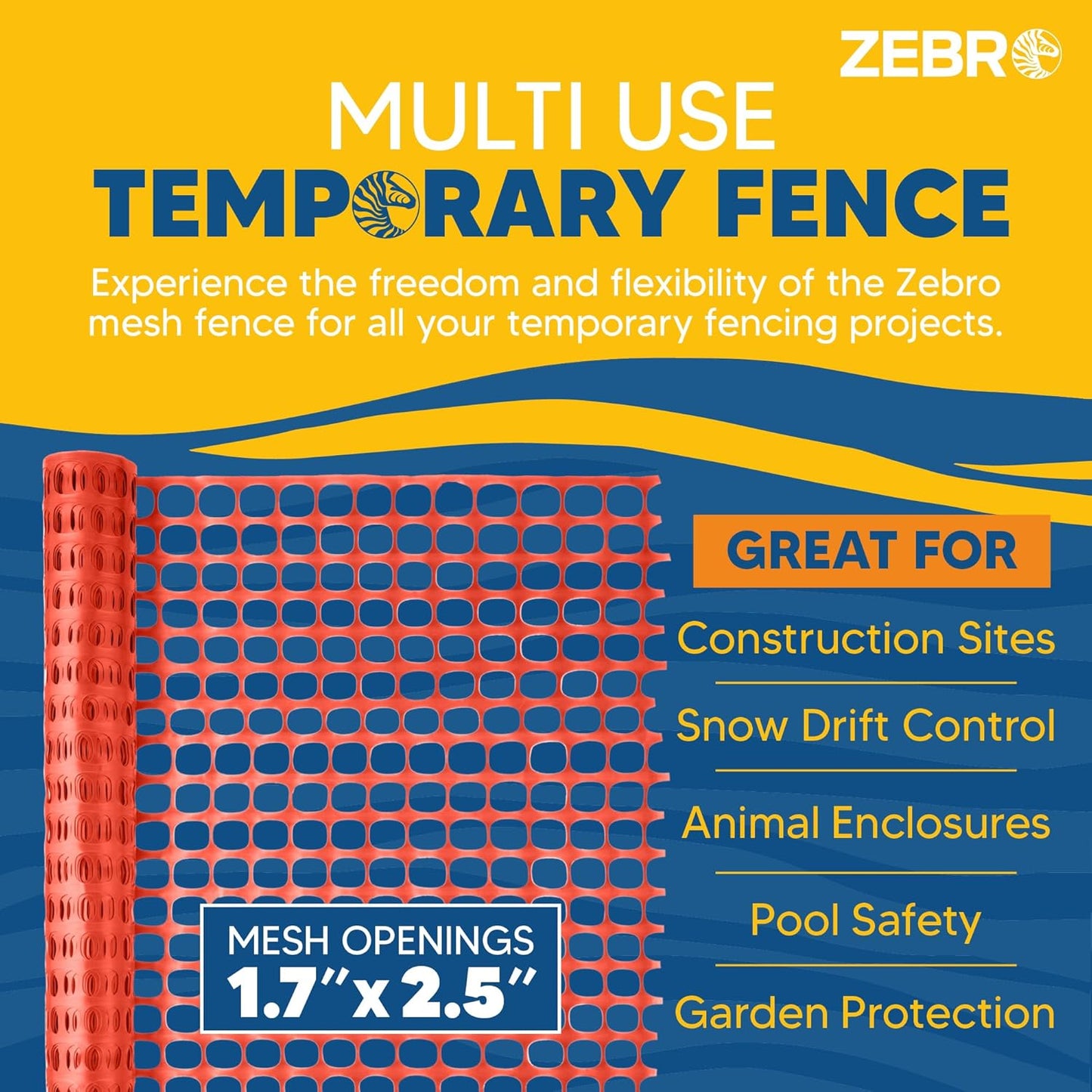 ZEBRO 4' x 100' Orange Plastic Garden Fence Roll – Standard Duty Safety Netting for Snow, Poultry, Deer, Dogs – Reusable Outdoor Barrier for Yard, Landscaping, Animal Protection