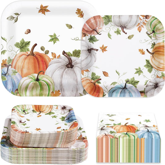 Grencian 200Pcs Fall Plates and Napkins Square Autumn Pumpkin Plates Thanksgiving Paper Platter Tableware Sets for Thanksgiving Harvest Party Decorations, Serves 50