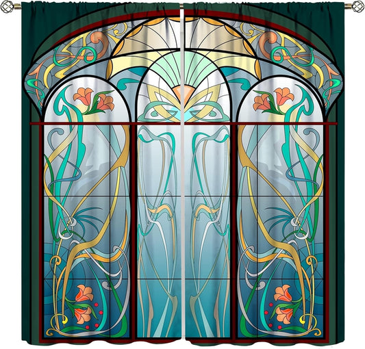 Stained Glass Curtains, Retro Mid Century Boho Abstract Art Home Decor Drapes for Bedroom Living Room Kitchen Window Treatment 2 Panels Set Total Size 52" W X 84" L Inch