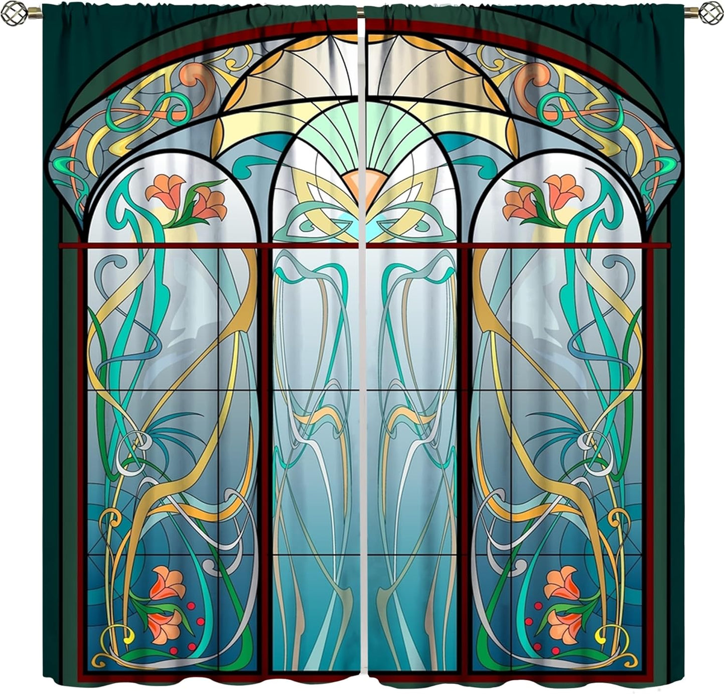 Stained Glass Curtains, Retro Mid Century Boho Abstract Art Home Decor Drapes for Bedroom Living Room Kitchen Window Treatment 2 Panels Set Total Size 84" W X 84" L Inch