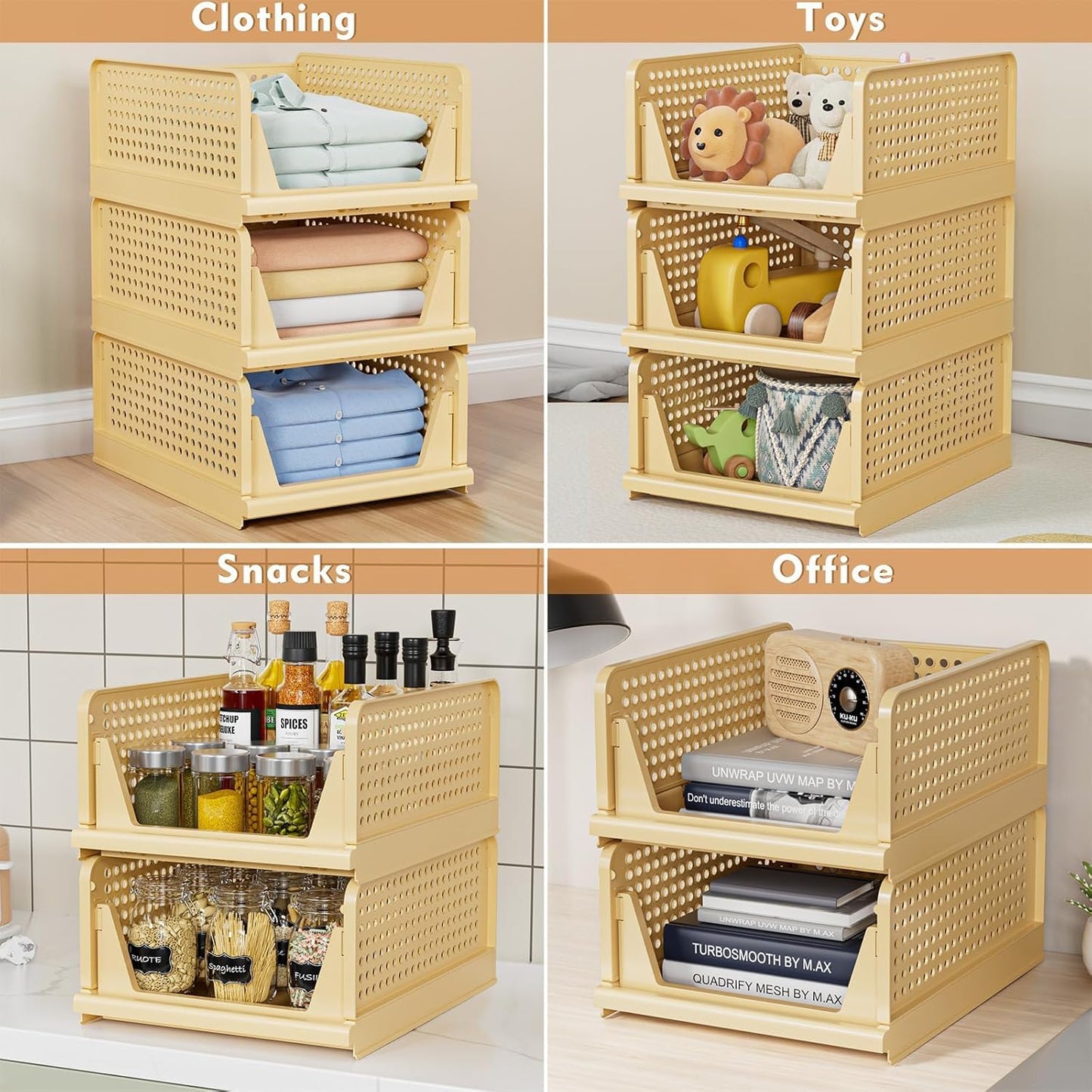 5 Pack Stackable Closet Storage Basket - Stackable Storage Bins, Multifunctional & Foldable Closet Organizer, Wardrobe Cupboard Space-Saving Hat Storage Drawer Organizer, Yellow
