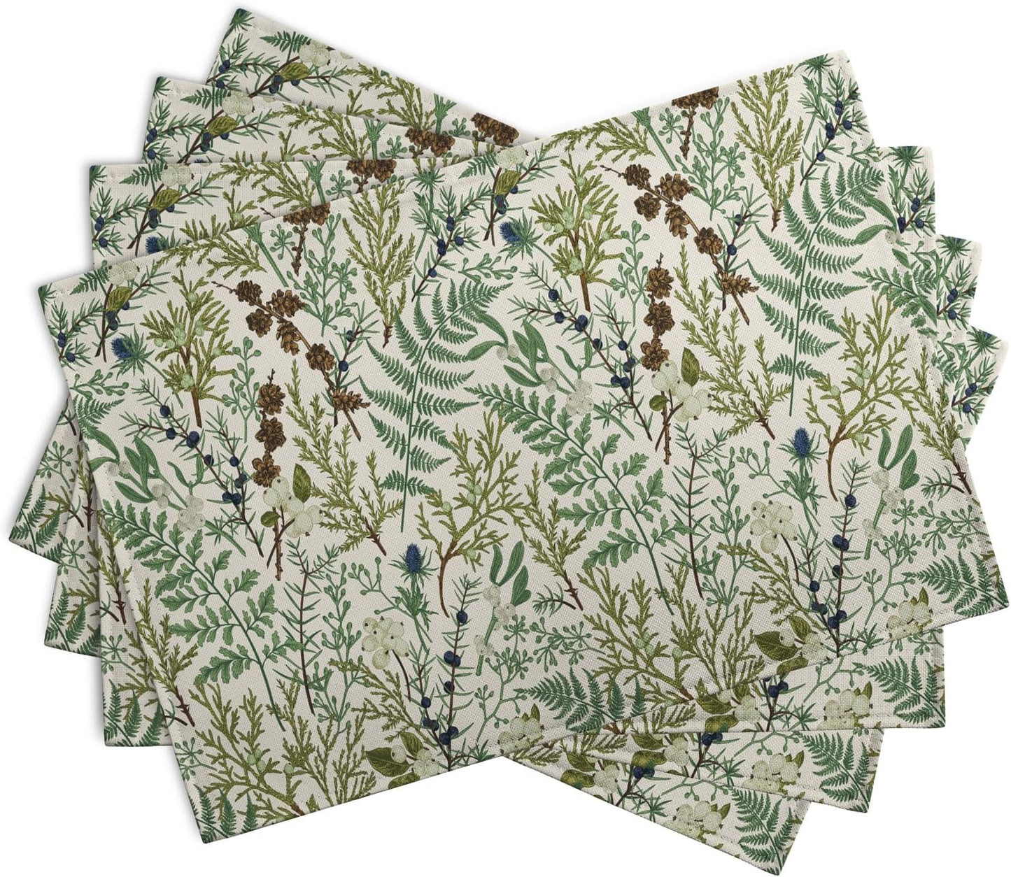 Sage Green Botanical Floral Placemats Set of 4 Vintage Tropical Herbs Fern Leaves Place Mats 12x18 Inch Seasonal Plant Spring Summer Linen Fabric Table Mats for Party Kitchen Dining Decor
