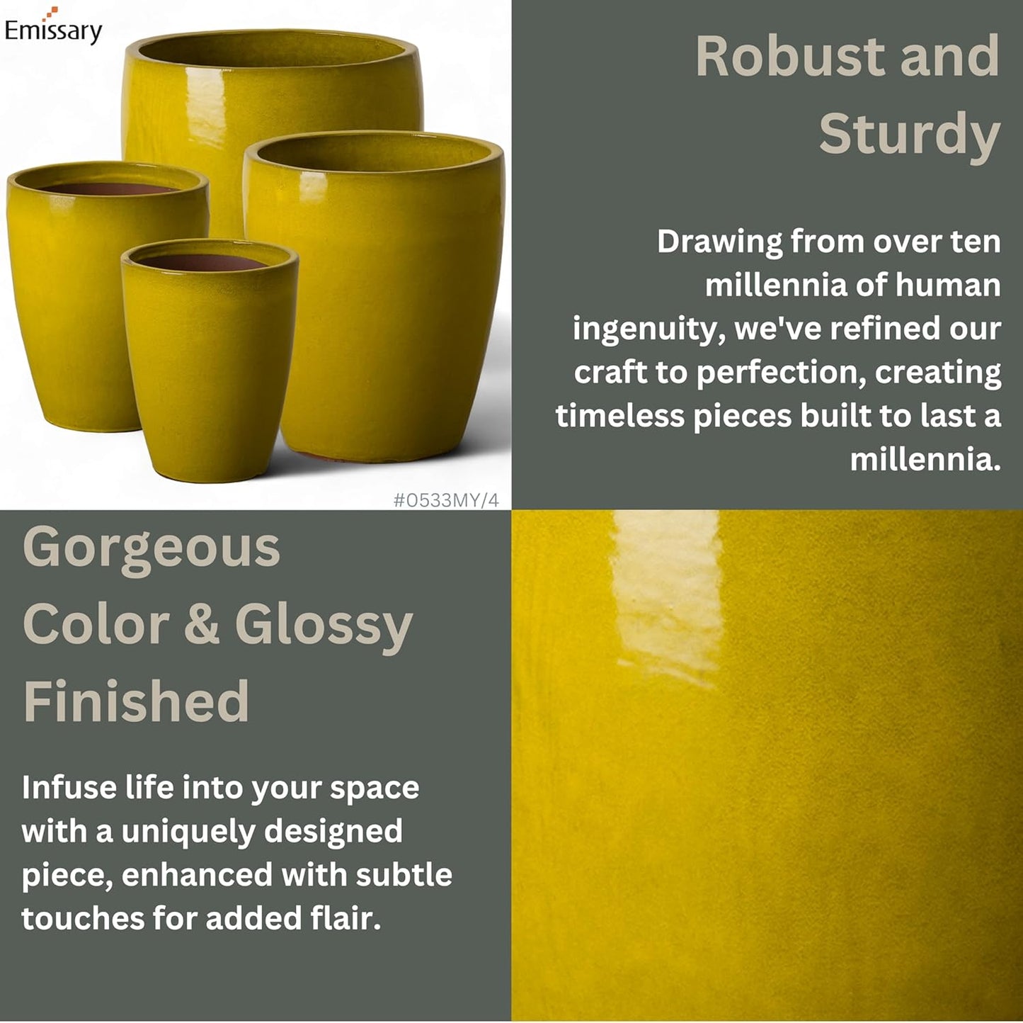 Emissary Bullet 14 in. Mustard Yellow Ceramic Round Planter (14 in. L x 14 in. W x 15.5 in. H) with Drainage Hole