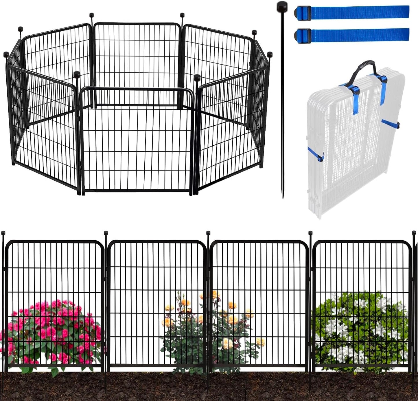 Doorless 54in(H) Garden Fence Animal Barrier, 8 Panels Total 17.7 Ft(L) Outdoor Dog Fence, Black Metal Dog Fences for The Yard, Temporary Fencing