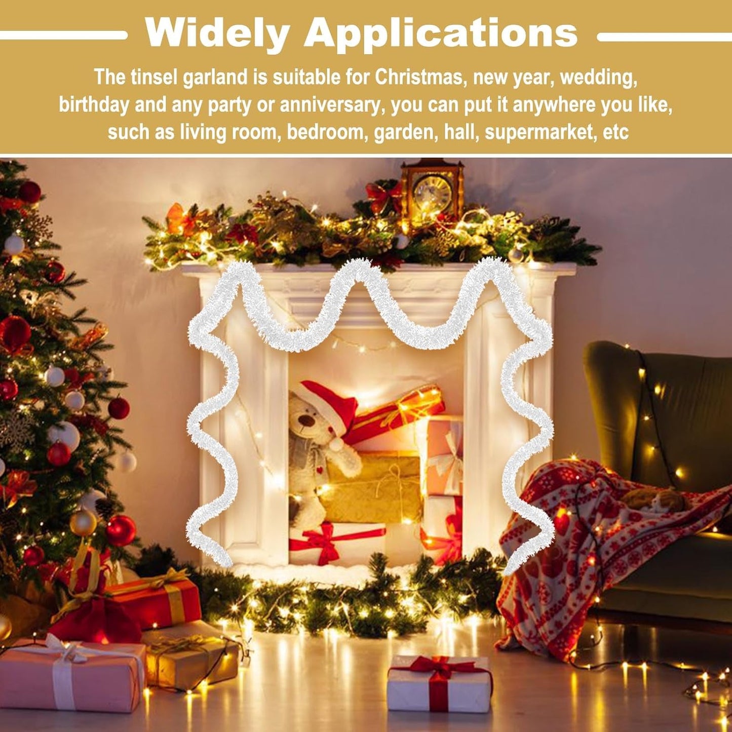 Macaron 25ft Metallic Twist Tinsel Garland - Wall Hanging Backdrop for Christmas Eve, New Year & Valentine's Day Parties (White, 4in x 25ft)