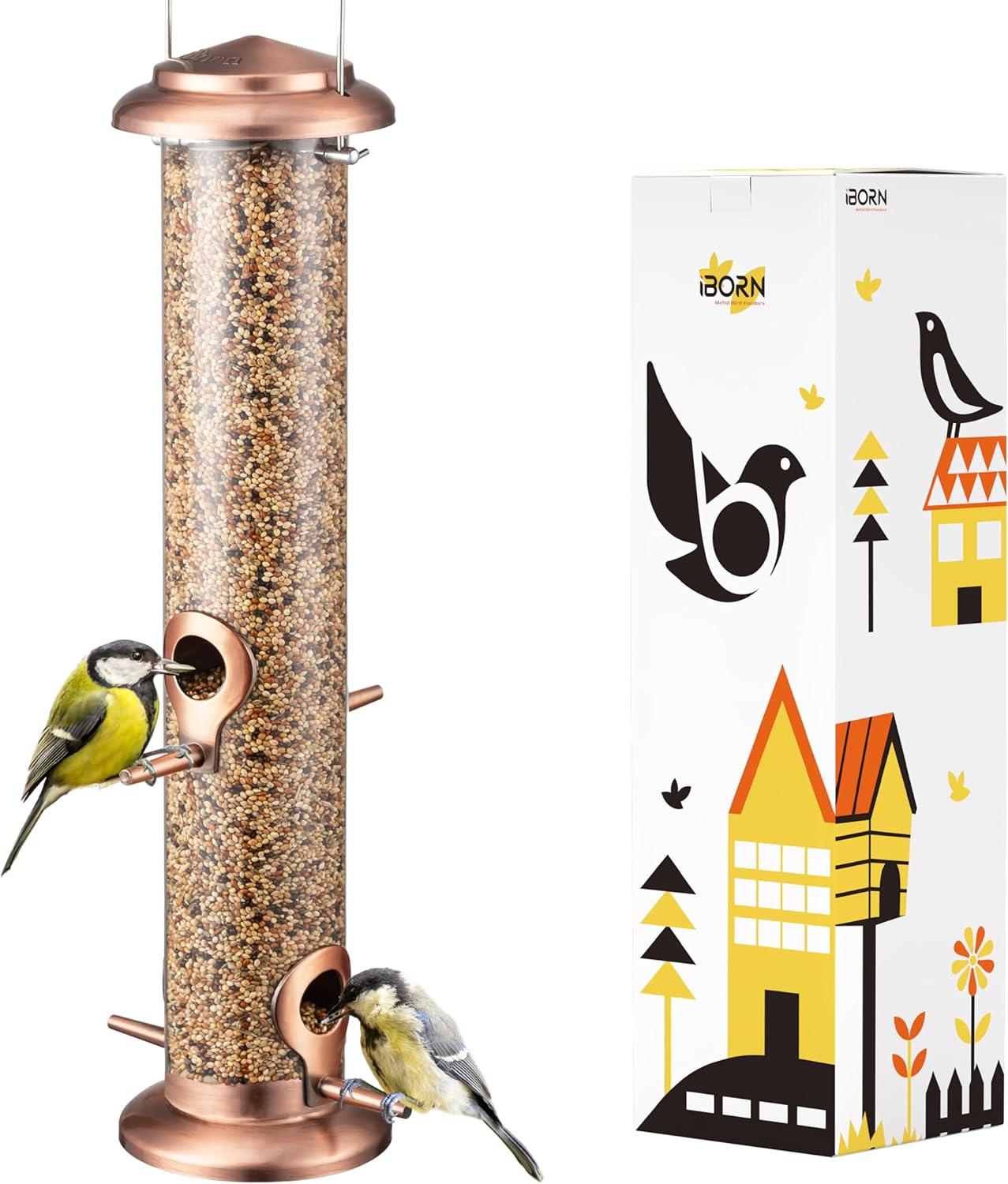 iBorn Metal Bird Feeders Metal Bird Feeder Copper for Outdoors Hanging All Metal Copper Finishing 14 Inch 4Port(Seed is not Included)