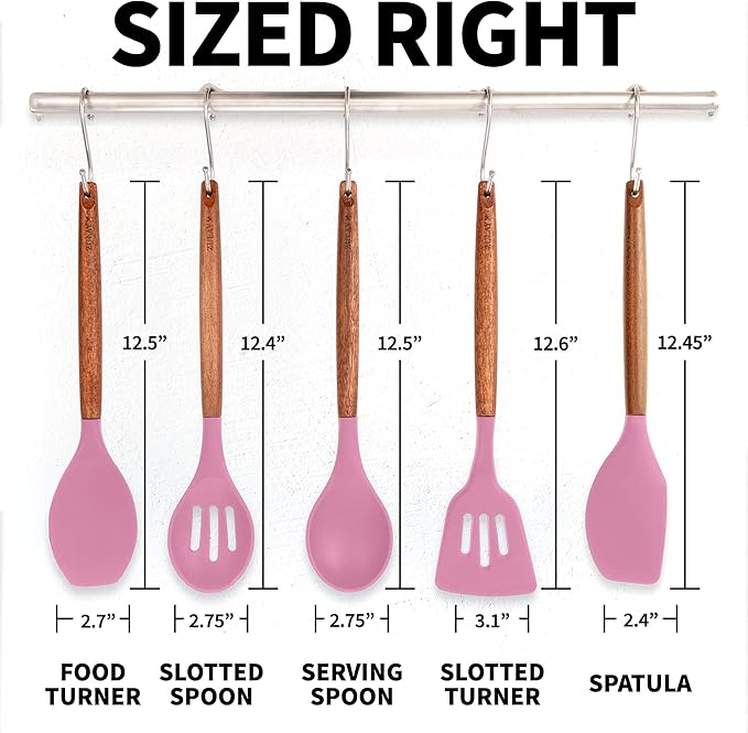 Zulay Kitchen Non-Stick Cooking Utensils Set with Authentic Acacia Wood Handles – 5-Piece Durable & Stylish Silicone Kitchen Utensils Set – Heat Resistant to 464°F – Pink