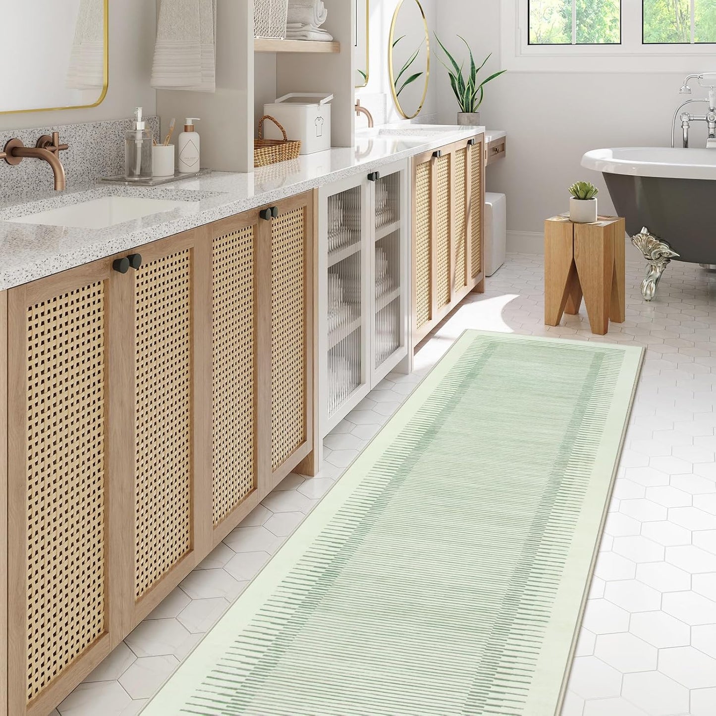 Wonnitar Washable Green Striped Runner Rug for Hallway 2'6"x8', Non-Slip Soft Runner Rug for Bedroom, Low Pile Minimalist 8ft Carpet Runner for Bathroom Laundry Kitchen (Green, 2'6" x 8')