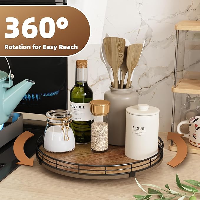 Acacia Wood 12" Lazy Susan Turntable Organizer for Table Top, Farmhouse Round Wooden Lazy Susan for Cabinet Kitchen Centerpieces Coffee Table, for Condiments Spices, Bathroom Vanity Tray Decor