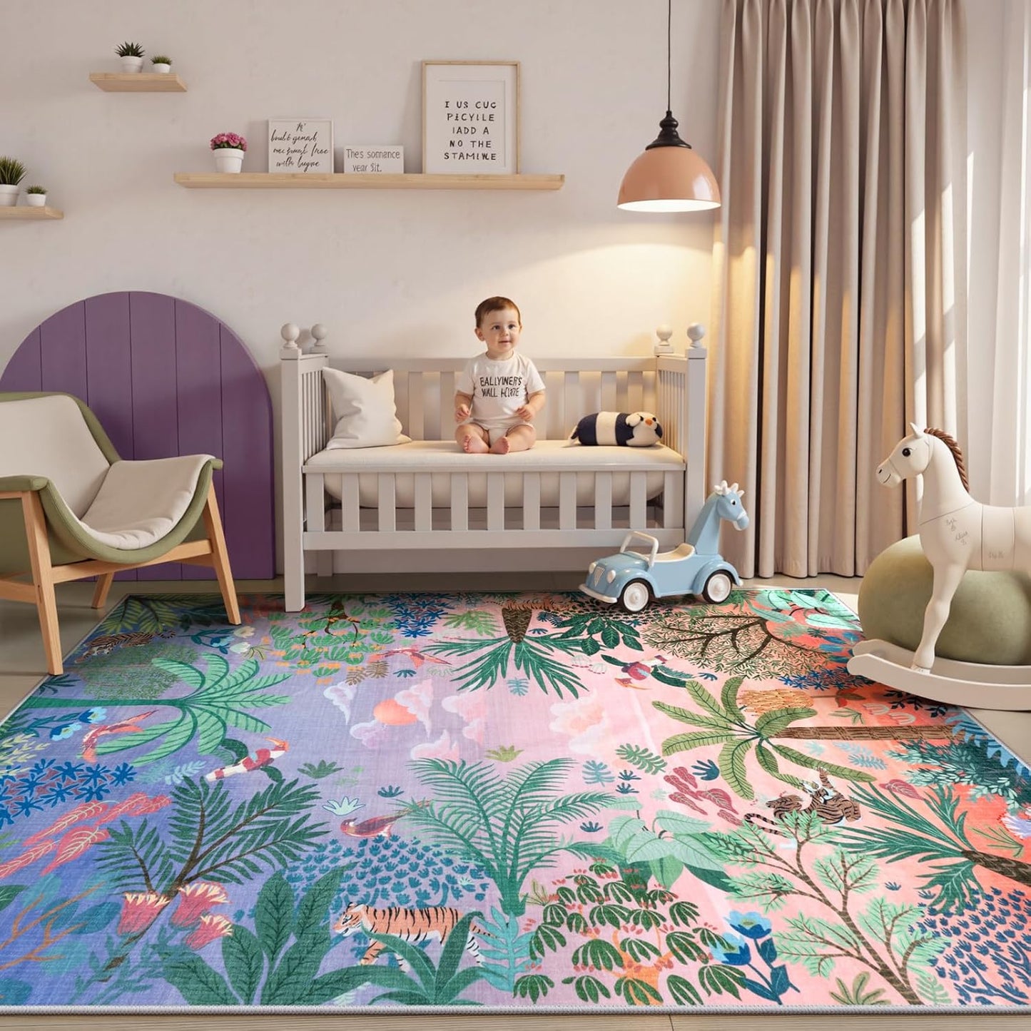 LIVEBOX Machine Washable Area Rugs 8x10 Lavender Girls Bedroom Rug, Soft Ultra-Thin Nursery Girl Carpet for Living Room, Jungle Purple Rugs for Girls Room, Lilac Rug for Nursery Room