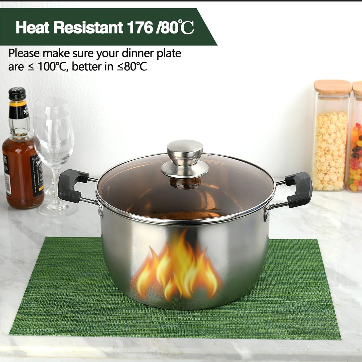 Green Placemats Set of 6 - Wipe Clean Vinyl Placemats - Washable Heat Resistant PVC Table Mats for Dining Table - 17x12 Inch (Green, 6)