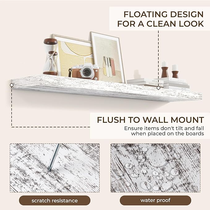 RICHFOCUS 55Inch Floating Shelves for Wall 2 Pack Shelves for Bedroom|Kitchen|Bathroom Wall Mounted Rustic Distressed Wood Floating Shelf with Invisible Brackets for Books|Storage|Decor, Rustic