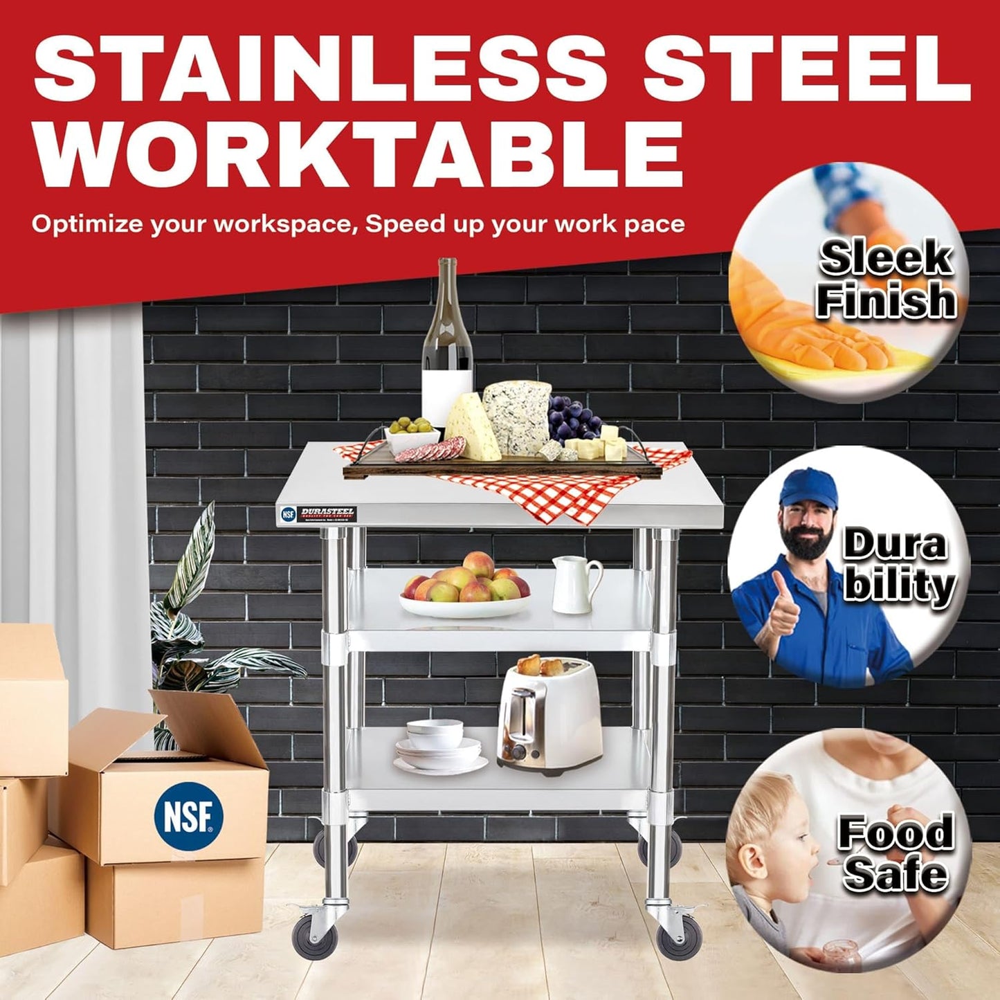 DuraSteel Stainless Steel Work Table 30" x 24" x 34" Height w/ 4 Caster Wheels - Food Prep Commercial Grade Worktable - NSF Certified - Good for Restaurant, Business, Warehouse, Home, Kitchen, Garage